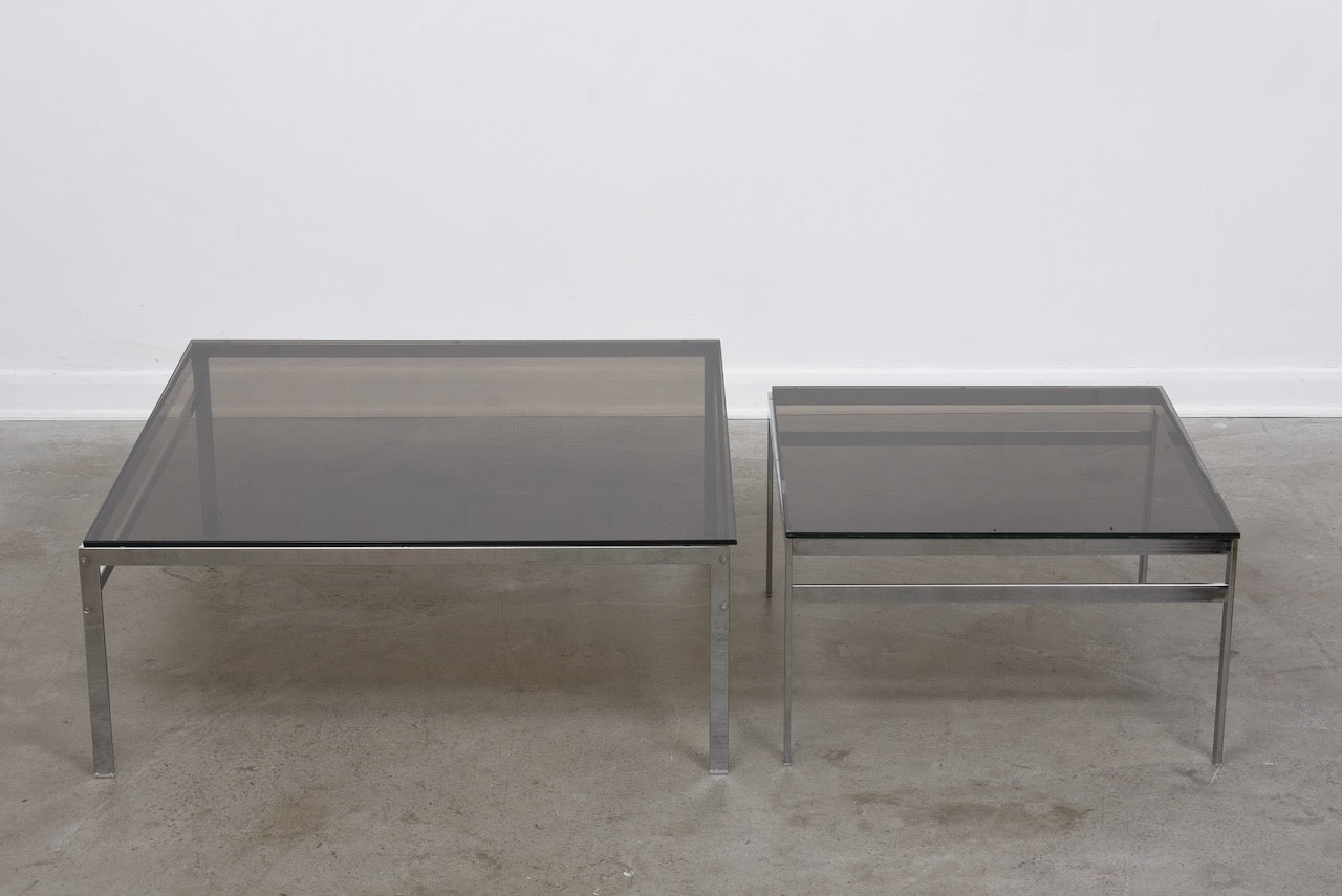 Two sizes available: Vintage smoked glass + chrome tables