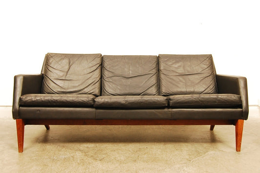 Three seat black leather sofa. Denmark, 1960s