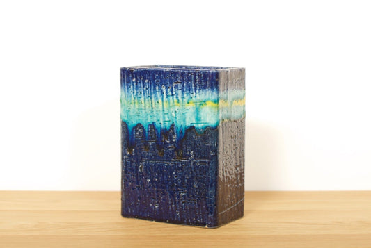 Rectangular blue and turquoise stoneware vase