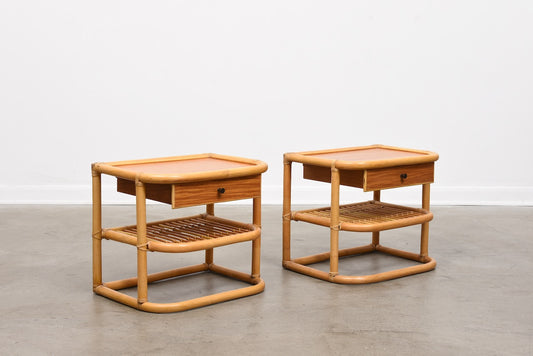 Pair of 1970s teak + bamboo bedside tables