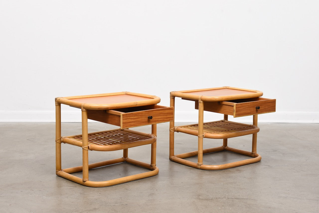 Pair of 1970s teak + bamboo bedside tables