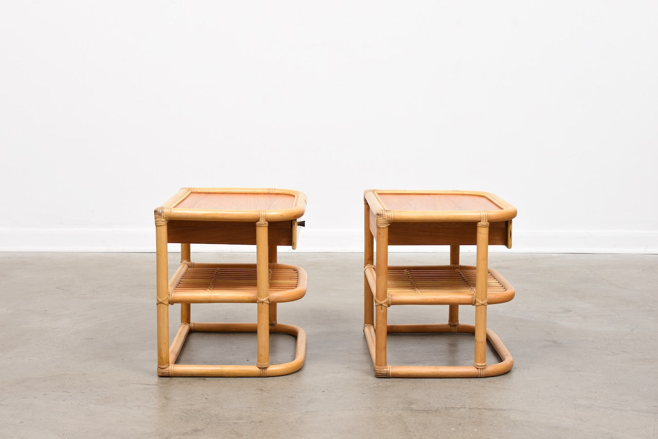 Pair of 1970s teak + bamboo bedside tables