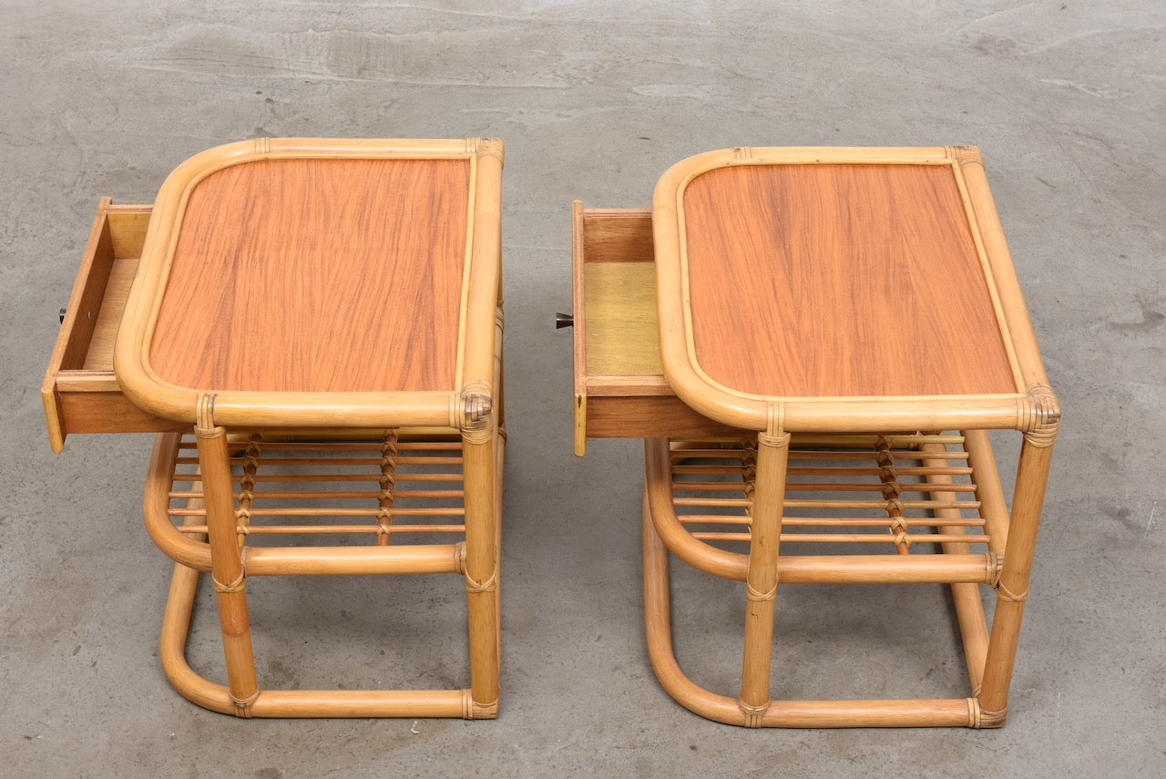 Pair of 1970s teak + bamboo bedside tables