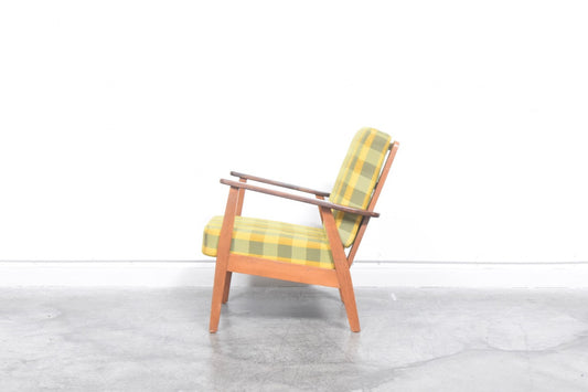 Teak + oak lounger w/ plaid cushions