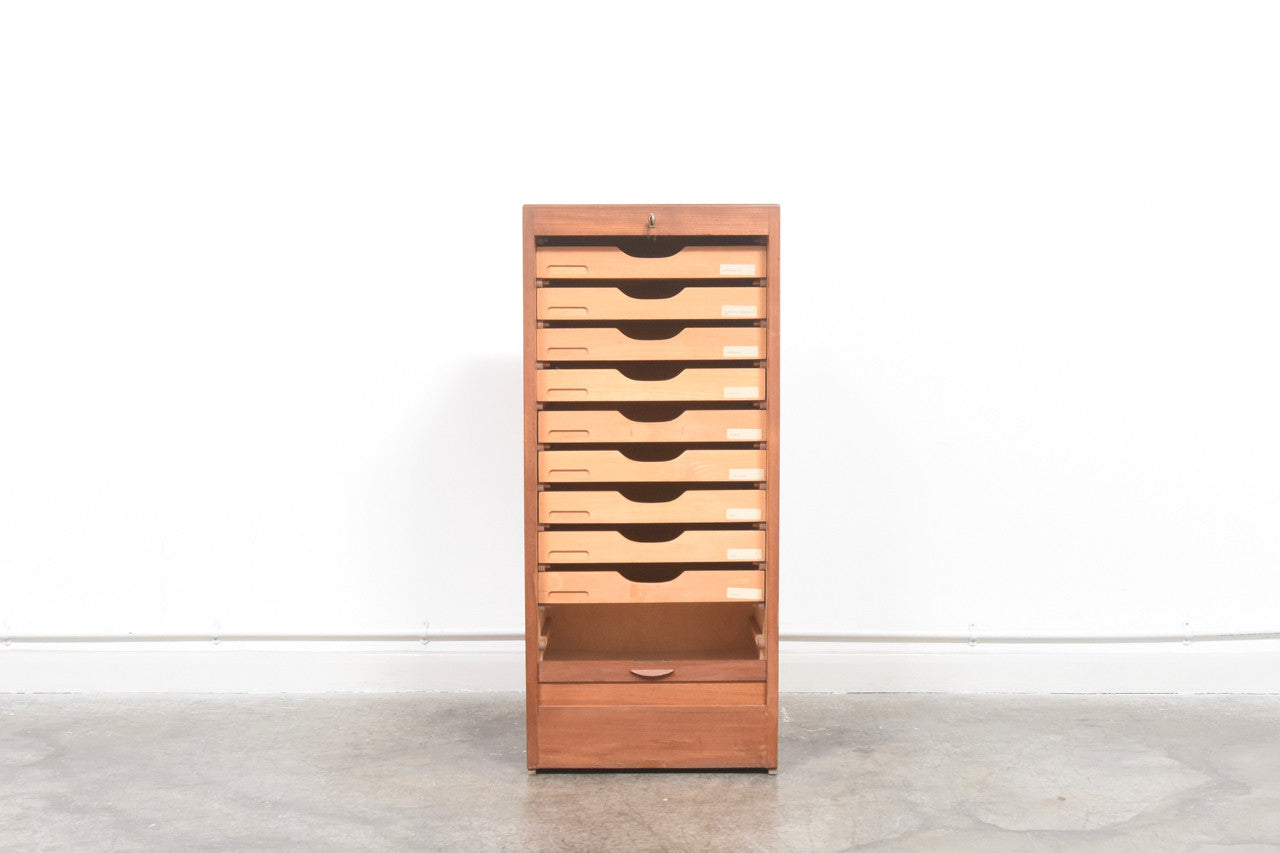 Teak filing cabinet with tambour door