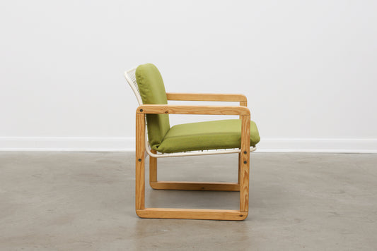 1980s armchair in pine + wire mesh