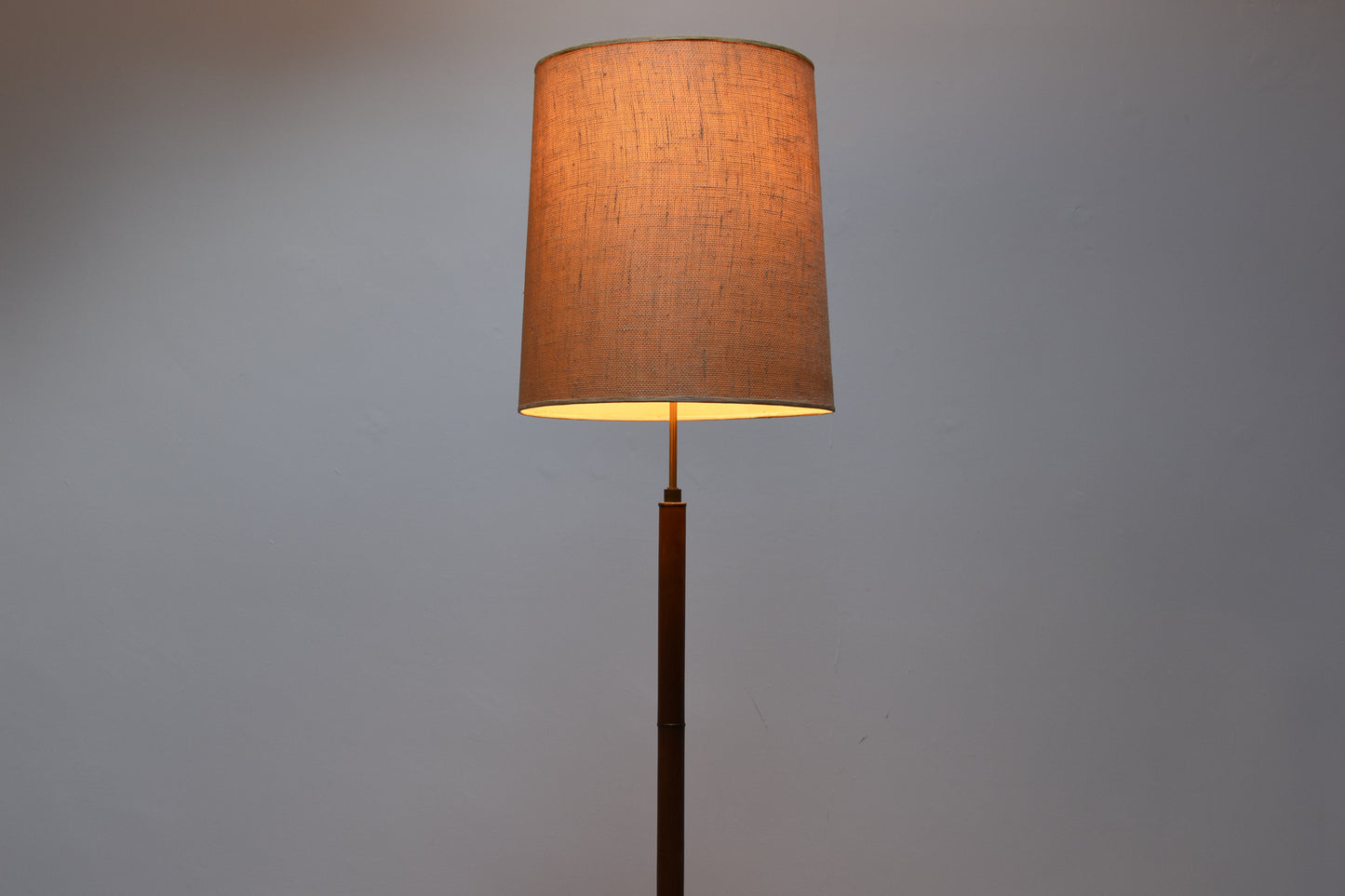 Teak floor lamp with hessian shade