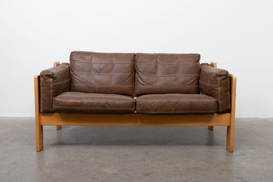 1970s oak + leather two seat sofa