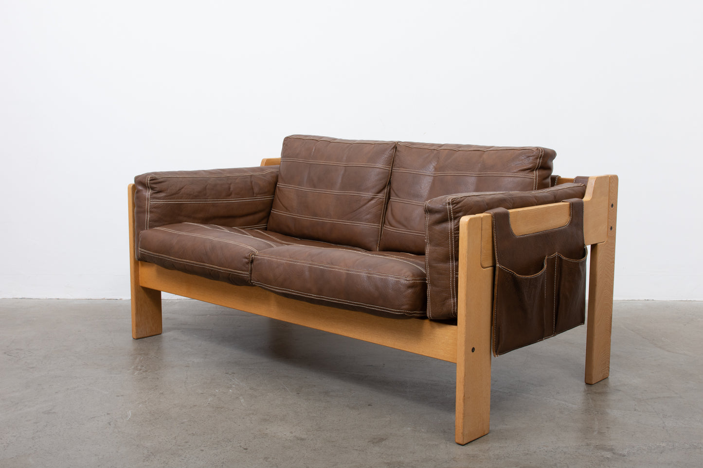 1970s oak + leather two seat sofa