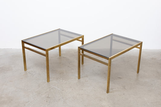 Two available: 1970s brass + smoked glass tables