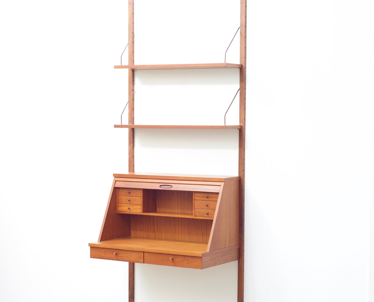Wall-mounted teak secretary with shelves