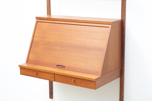 Wall-mounted teak secretary with shelves