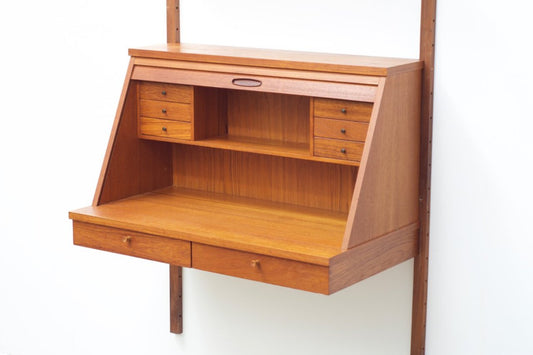 Wall-mounted teak secretary with shelves