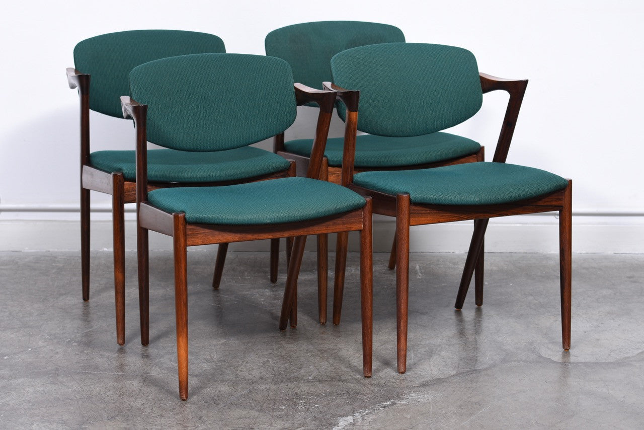 Set of four 'Model 42' chairs in rosewood by Kai Kristiansen