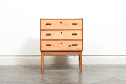 Short pine, teak + oak chest