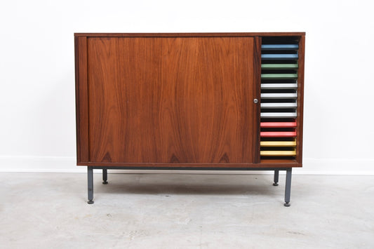 Rosewood filing unit with multi-coloured trays