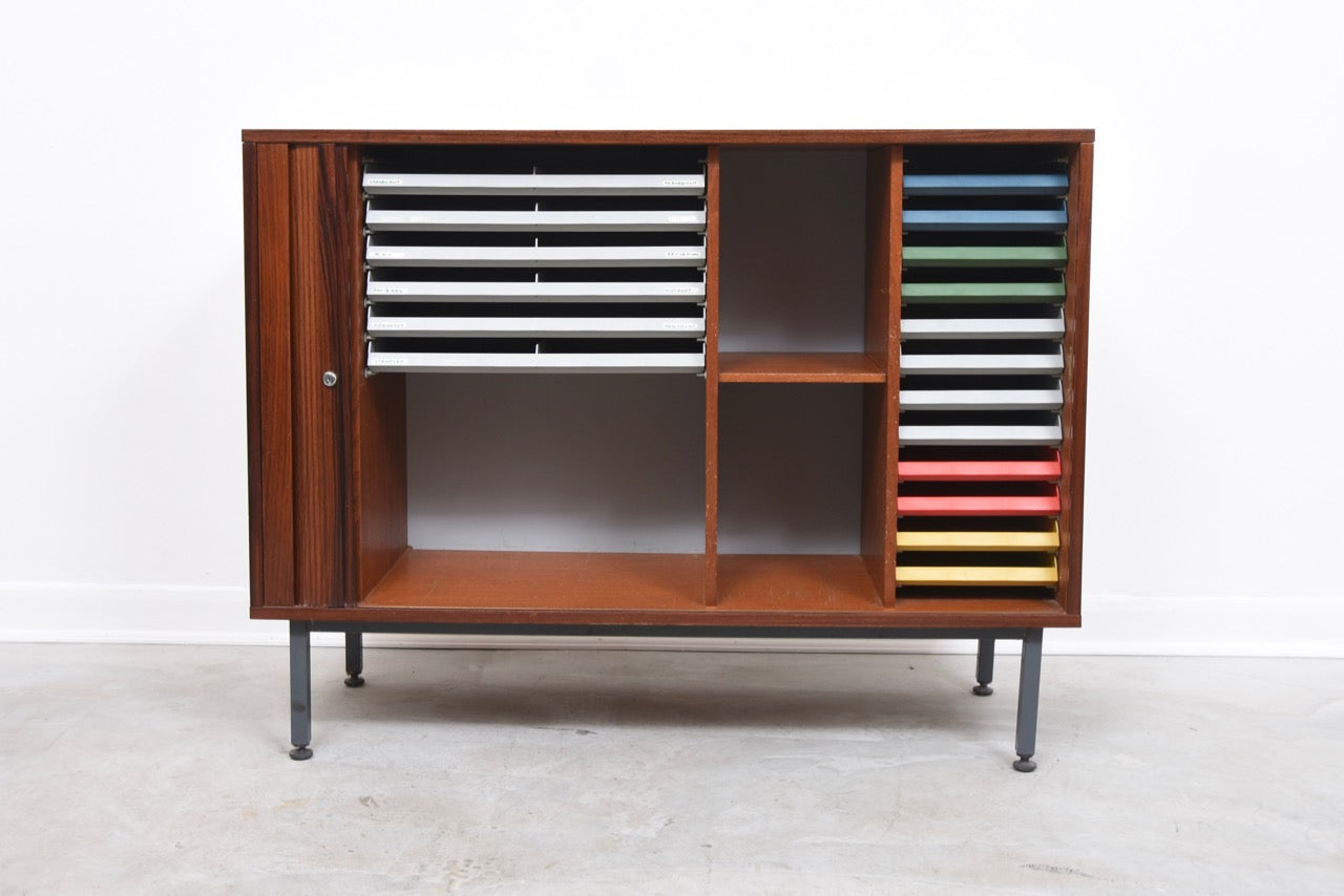 Rosewood filing unit with multi-coloured trays