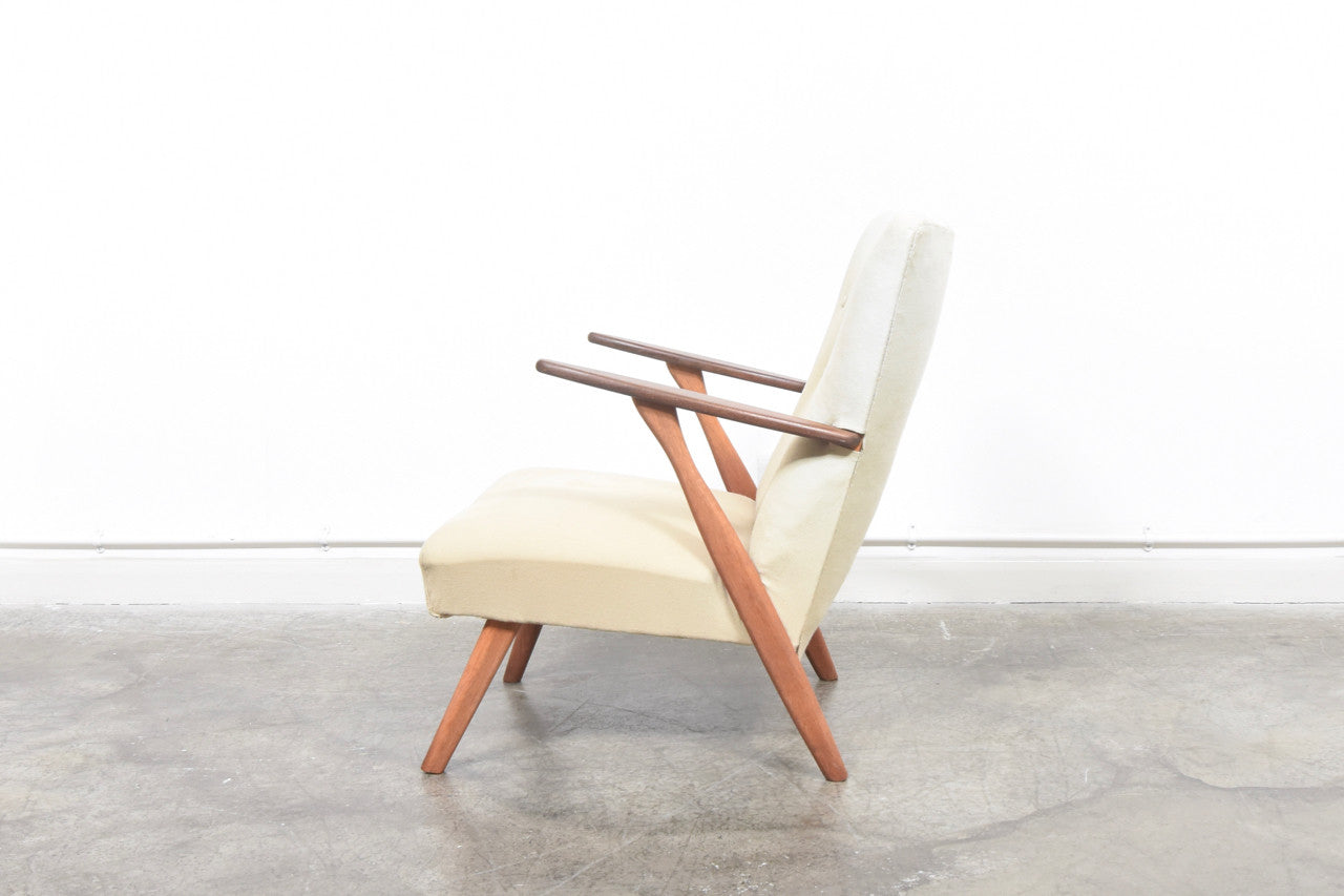 Low back lounger with teak arms + oak legs