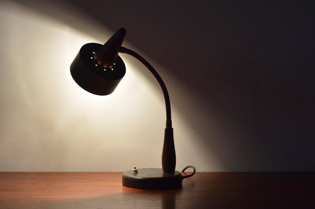Table lamp with teak + brass details