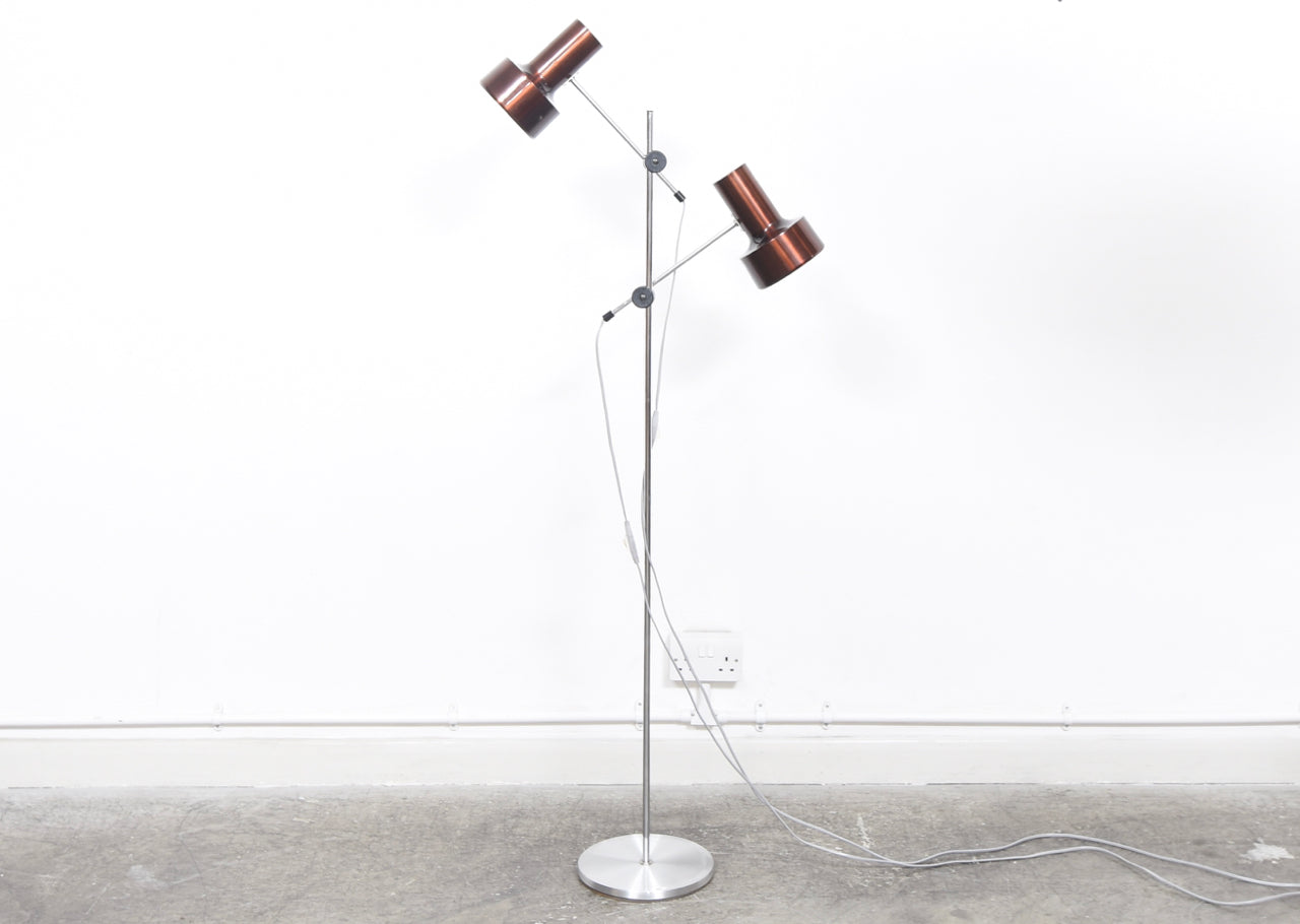 Twin-headed floor lamp with metallic bronze finish