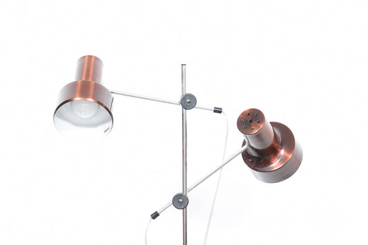 Twin-headed floor lamp with metallic bronze finish