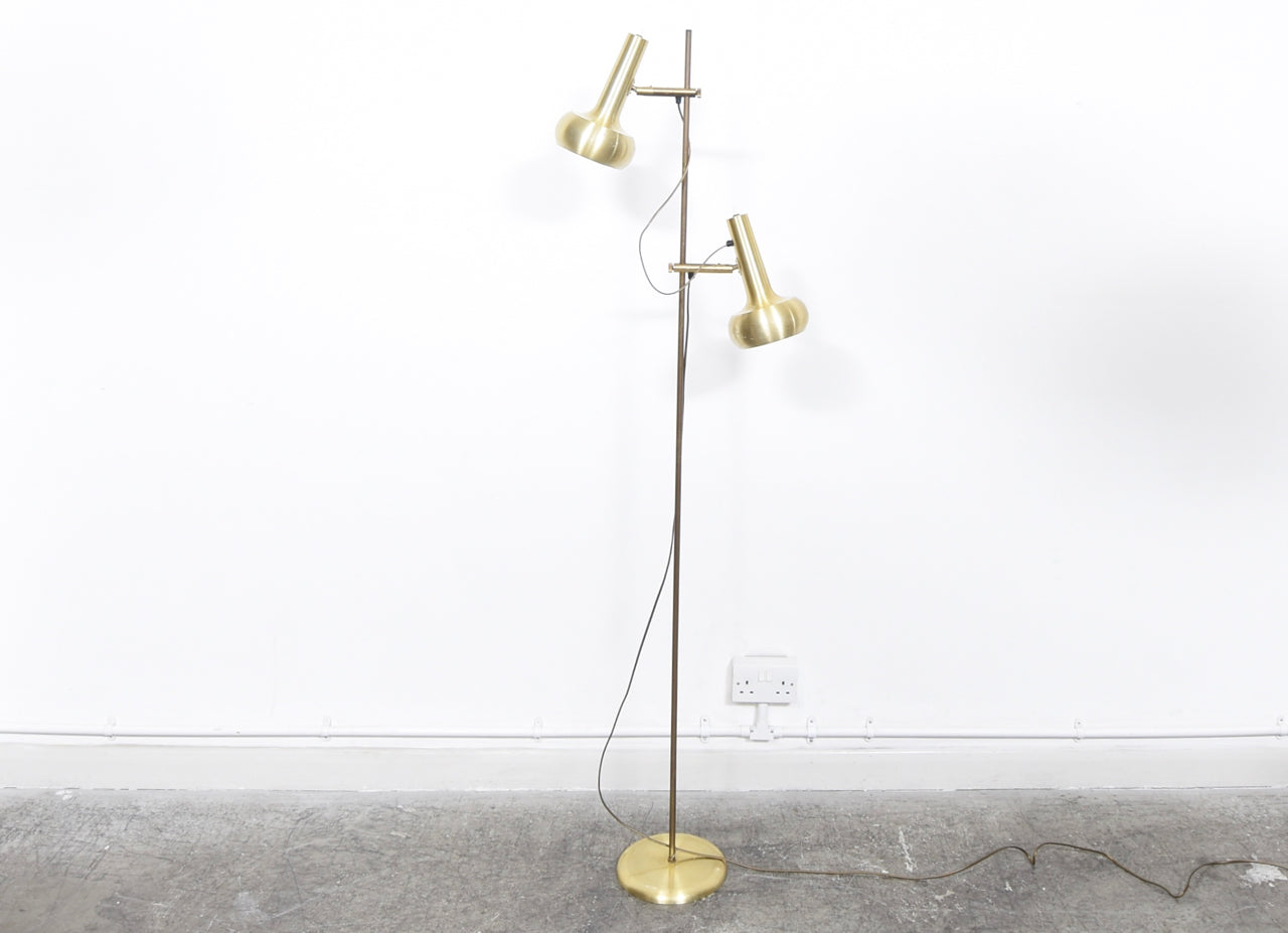 Twin-headed floor lamp with brass shades