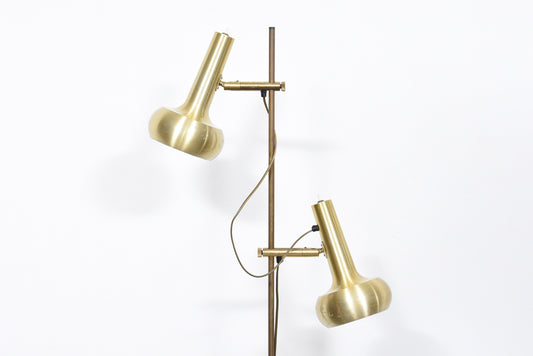 Twin-headed floor lamp with brass shades