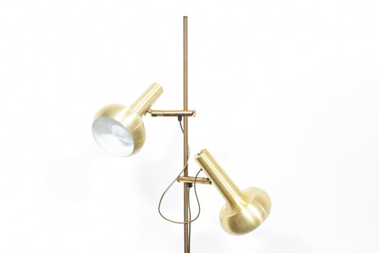 Twin-headed floor lamp with brass shades