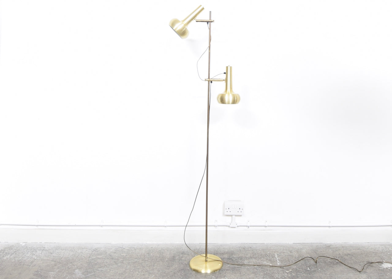 Twin-headed floor lamp with brass shades