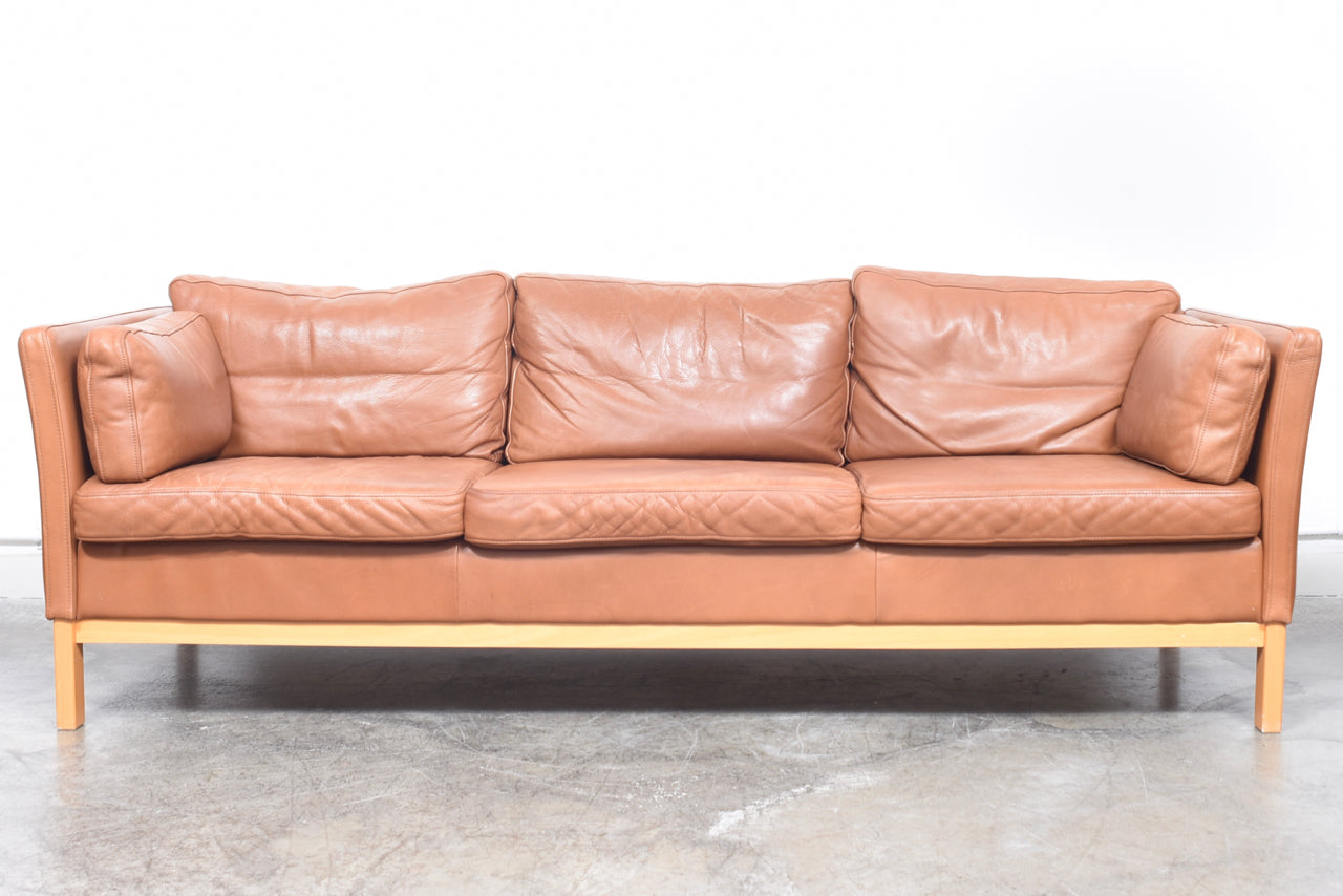 Vintage tan leather three seat sofa