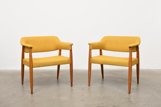 Two available: 1950s Danish wool + oak armchairs