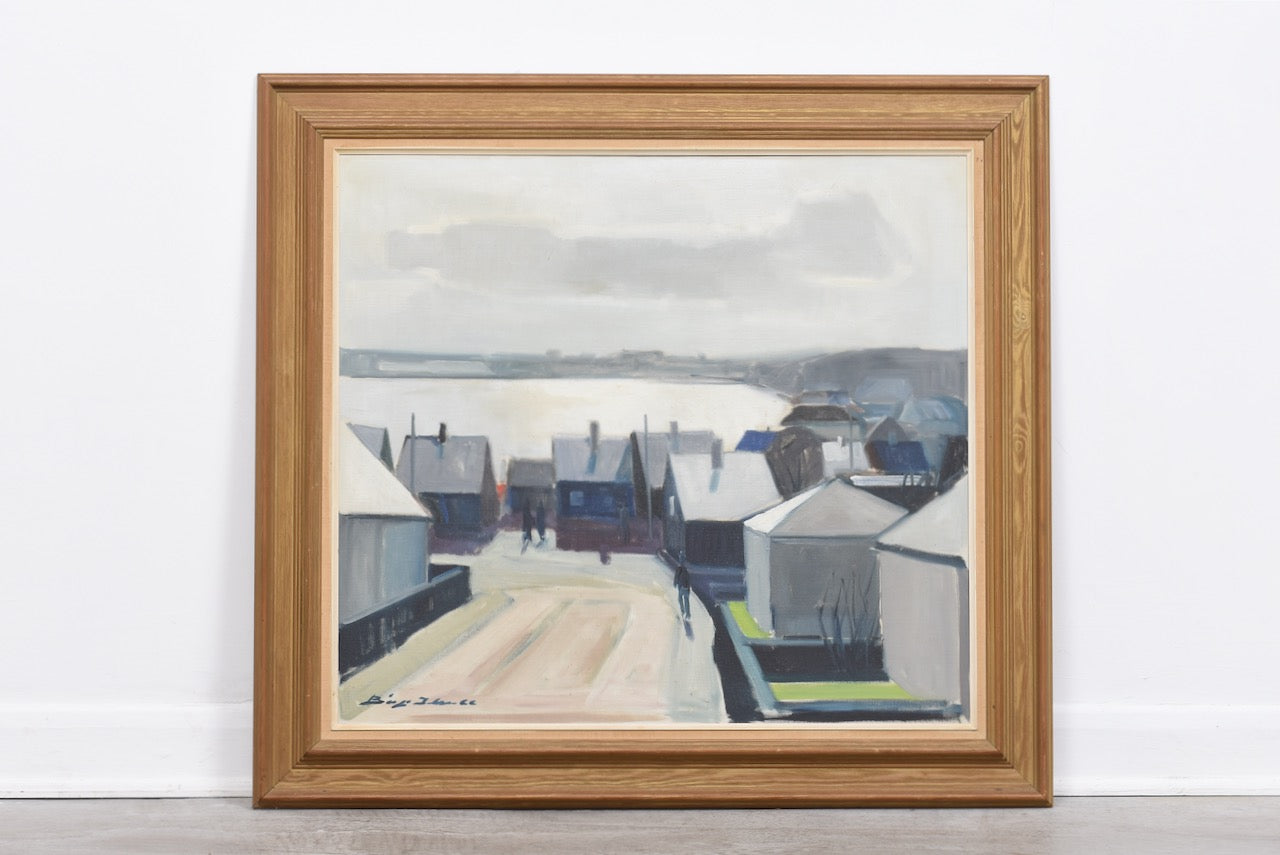 1960s oil painting of Danish seaside village