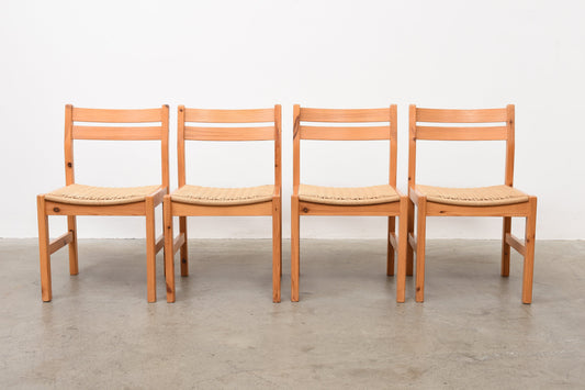 Set of 1970s pine + cord dining chairs