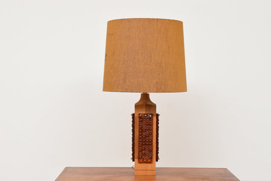 1970s Swedish oak + glass table lamp