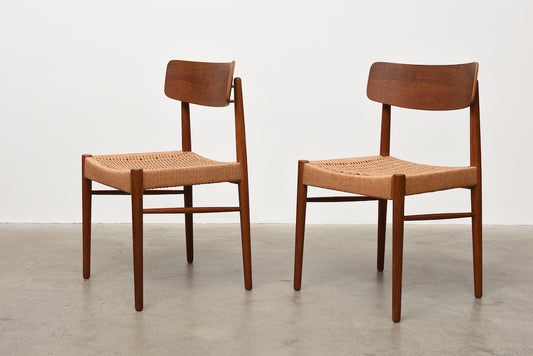 Two available: Teak + cord dining chairs