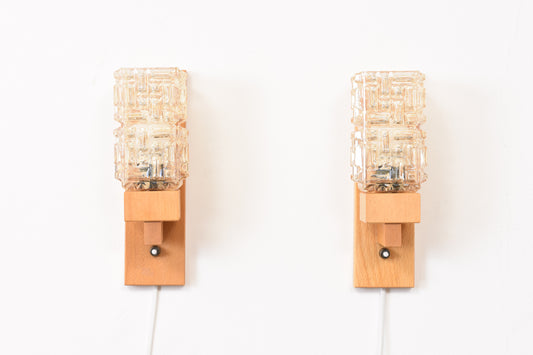 Pair of glass + oak wall lights by Vitrika
