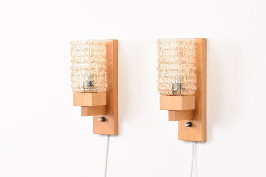 Pair of glass + oak wall lights by Vitrika