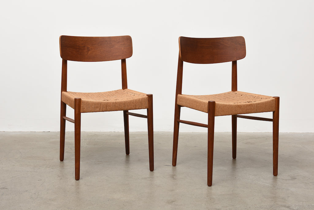 Two available: Teak + cord dining chairs