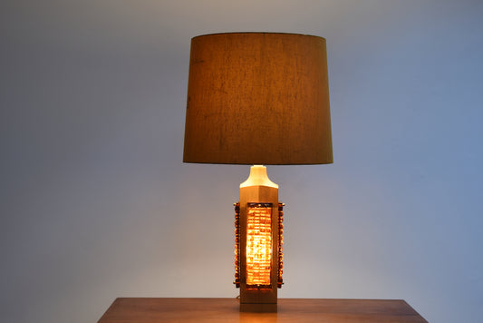 1970s Swedish oak + glass table lamp