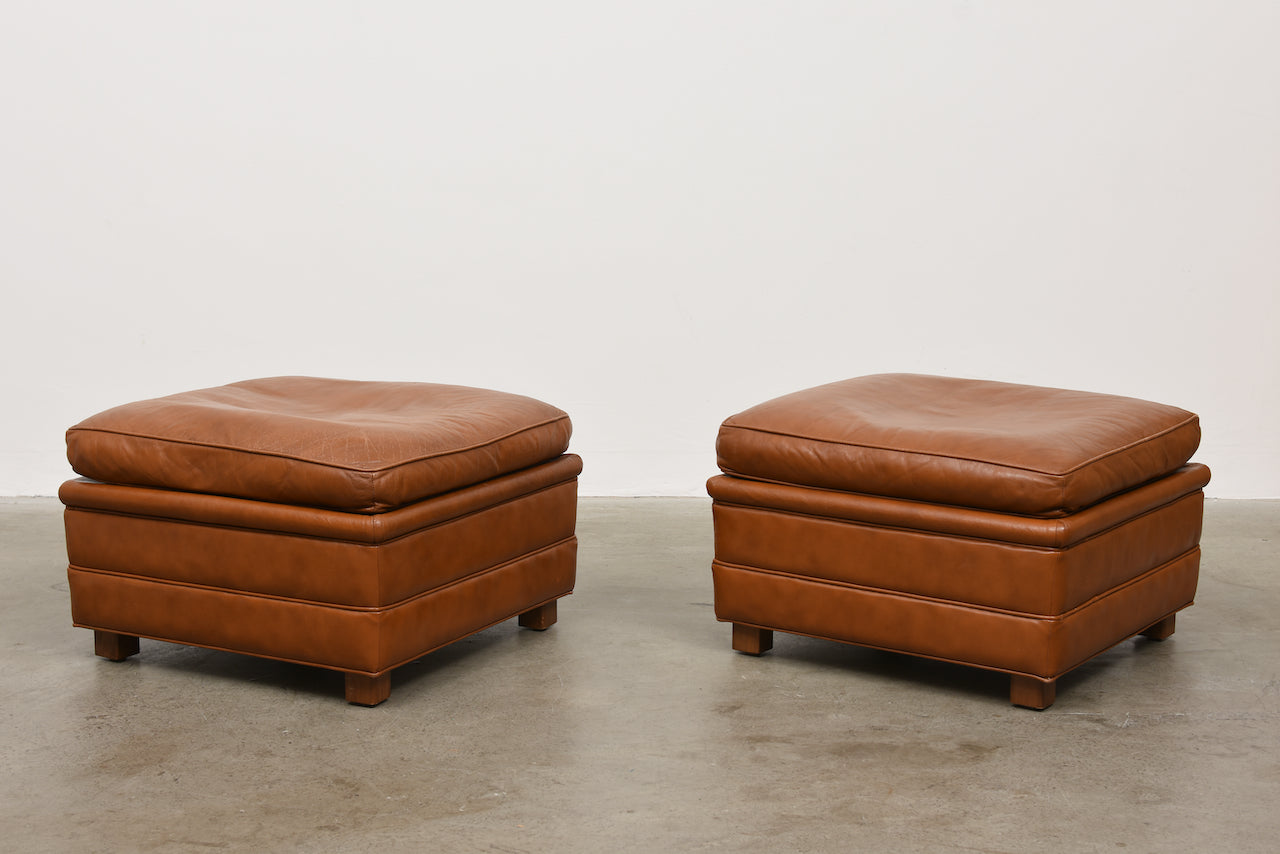 Two available: 1970s caramel leather ottomans