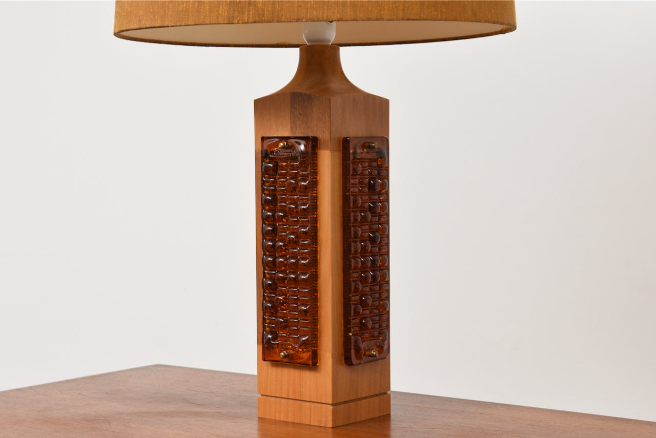 1970s Swedish oak + glass table lamp