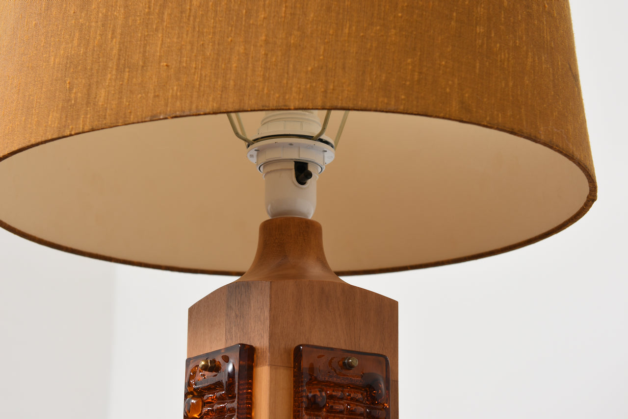 1970s Swedish oak + glass table lamp
