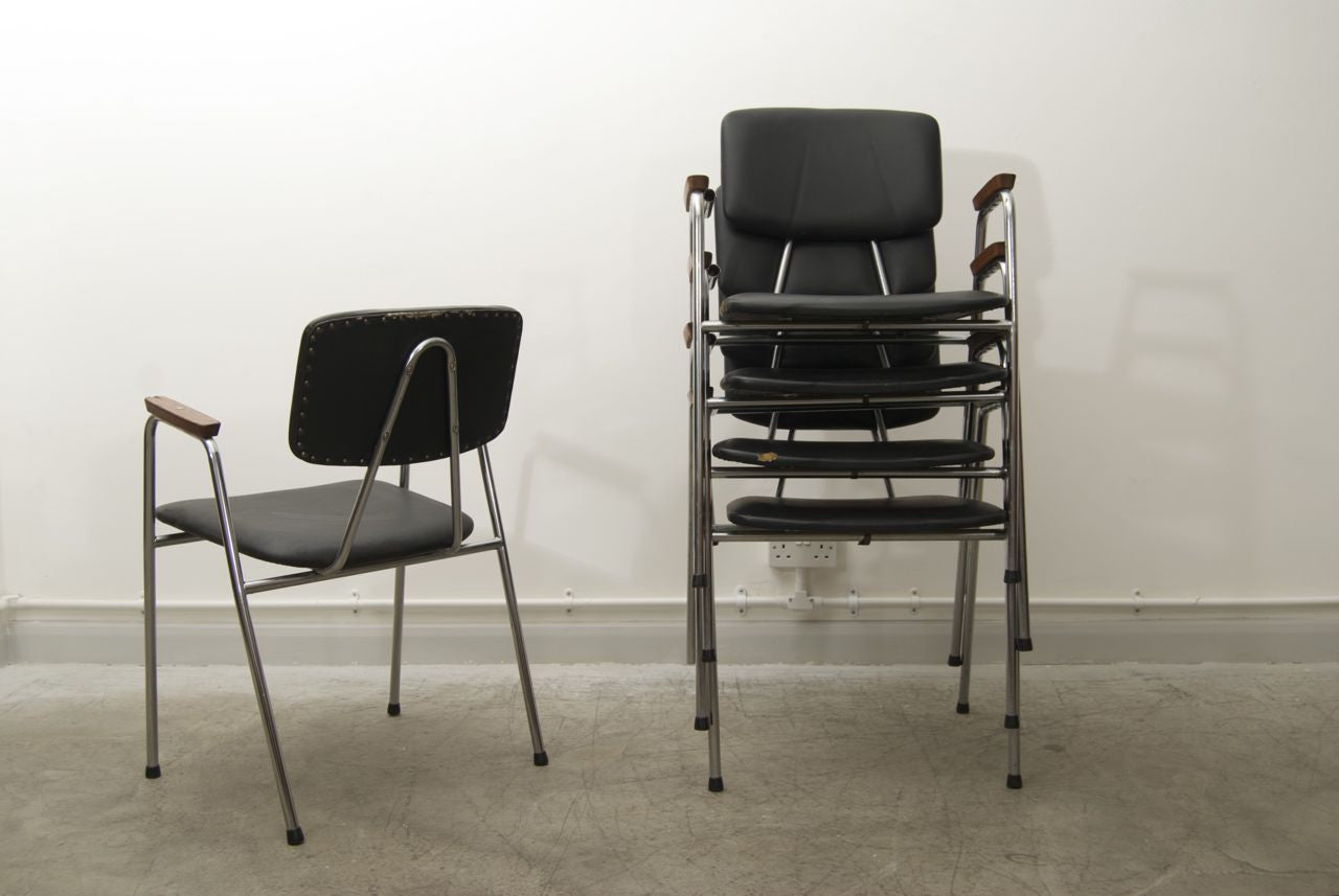 Set of five stacking leatherette and chrome school chairs