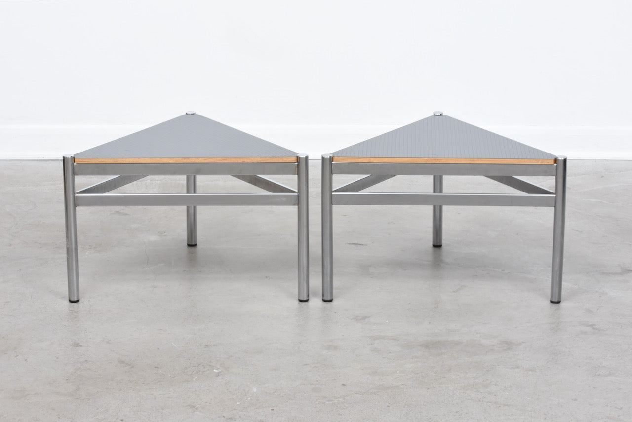 Vintage pair of triangle tables with welded frames