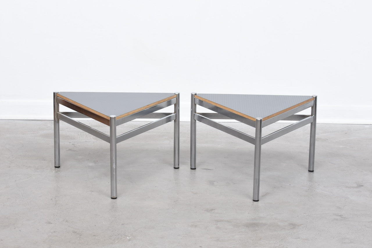 Vintage pair of triangle tables with welded frames