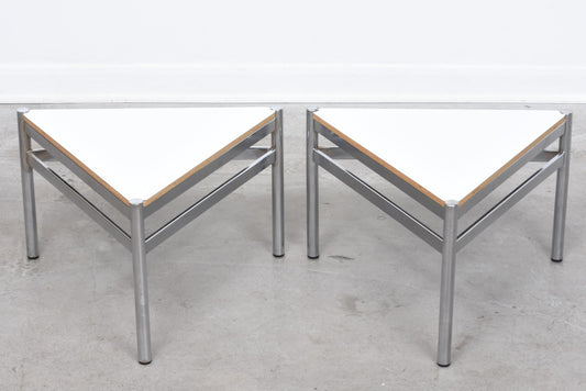 Vintage pair of triangle tables with welded frames