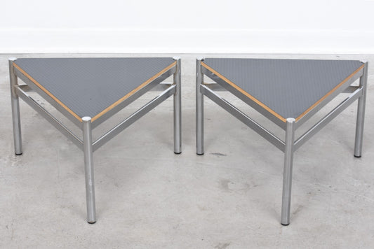 Vintage pair of triangle tables with welded frames