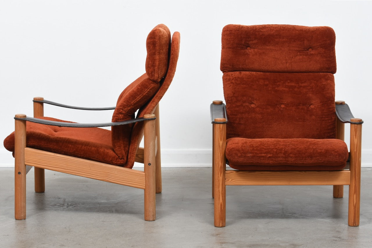 Two available: 1970s reclining loungers with pine frames