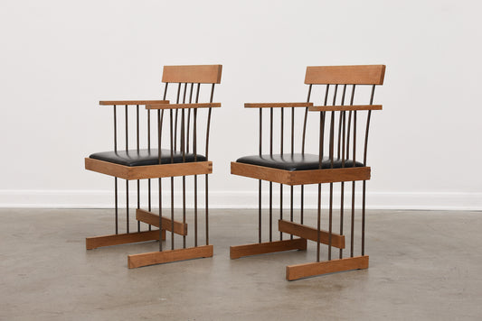 Two available: 1960s oak + iron armchairs