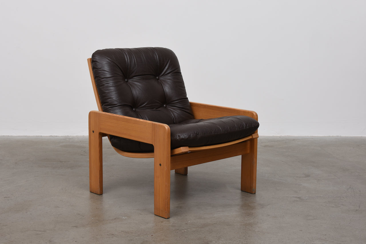 1970s pine + leather lounger by Yngve Ekström